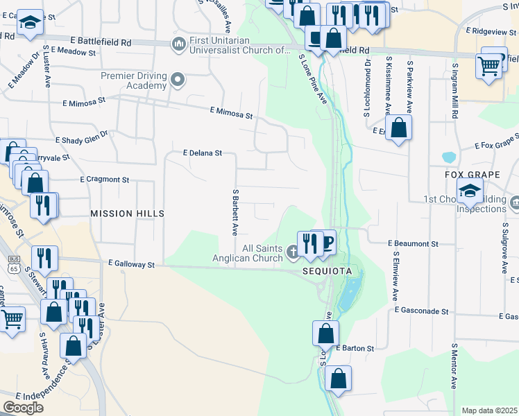 map of restaurants, bars, coffee shops, grocery stores, and more near 2655 East Sequiota Street in Springfield