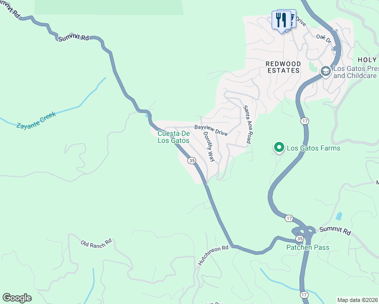 map of restaurants, bars, coffee shops, grocery stores, and more near 21695 Summit Road in Los Gatos
