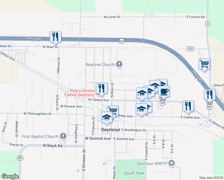 map of restaurants, bars, coffee shops, grocery stores, and more near 100 West Garfield Avenue in Seymour