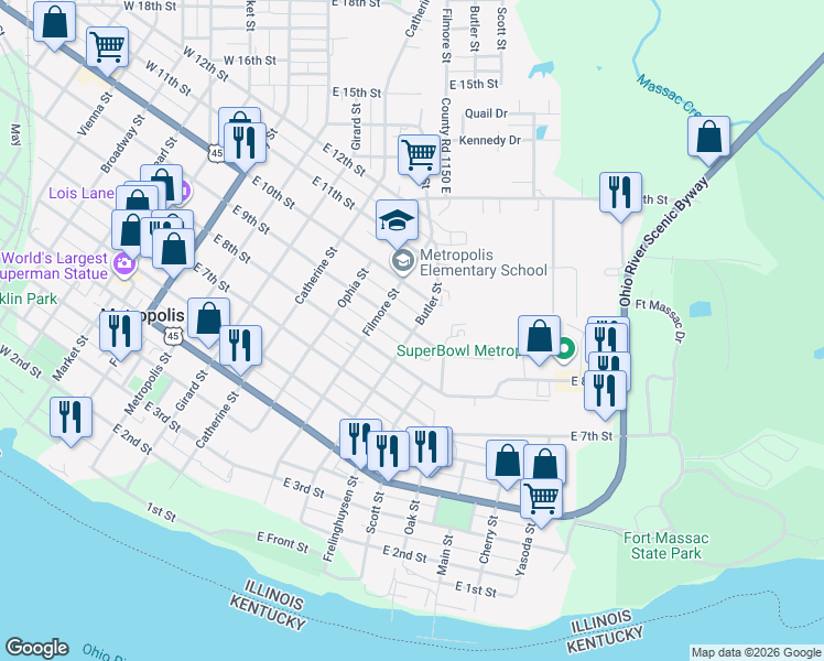 map of restaurants, bars, coffee shops, grocery stores, and more near 899 Butler St in Metropolis