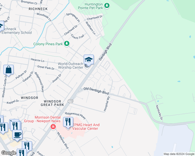map of restaurants, bars, coffee shops, grocery stores, and more near 1107 Palmerton Drive in Newport News