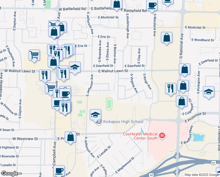 map of restaurants, bars, coffee shops, grocery stores, and more near 607 East Arrowhead Street in Springfield