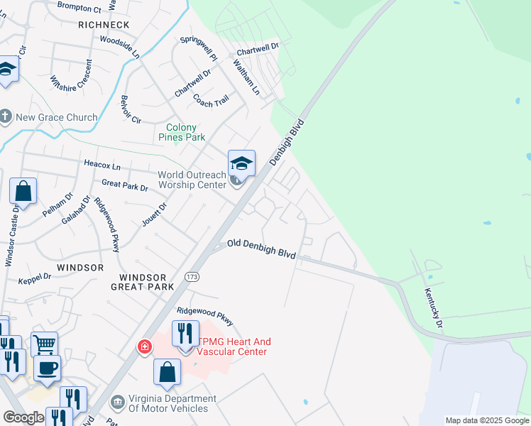 map of restaurants, bars, coffee shops, grocery stores, and more near 1107 Palmerton Drive in Newport News