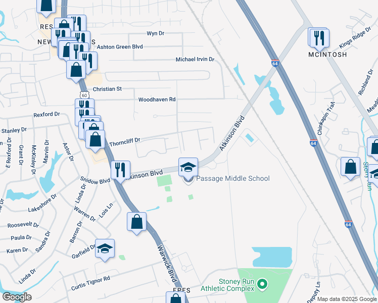 map of restaurants, bars, coffee shops, grocery stores, and more near 560 Candle Lane in Newport News