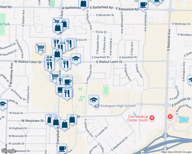 map of restaurants, bars, coffee shops, grocery stores, and more near 517 East Arrowhead Street in Springfield