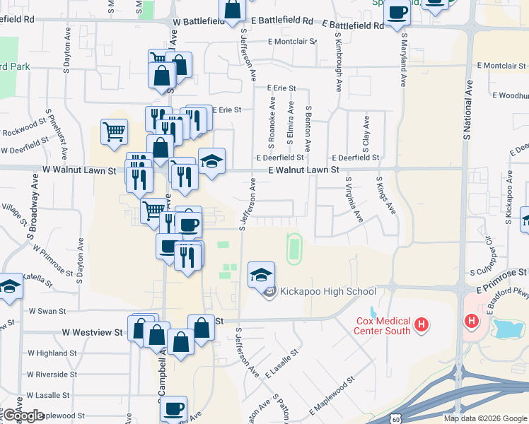 map of restaurants, bars, coffee shops, grocery stores, and more near 517 East Arrowhead Street in Springfield