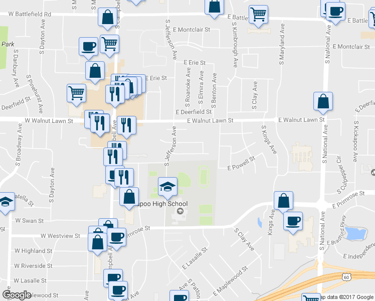 map of restaurants, bars, coffee shops, grocery stores, and more near 517 East Arrowhead Street in Springfield
