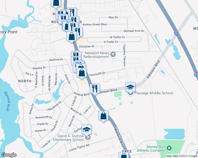 map of restaurants, bars, coffee shops, grocery stores, and more near 342 Thorncliff Drive in Newport News