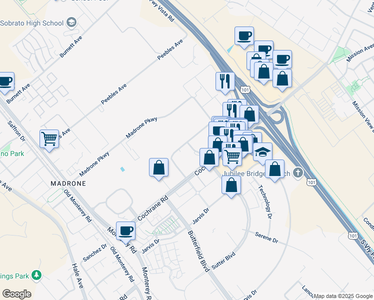 map of restaurants, bars, coffee shops, grocery stores, and more near 18635 Sutter Boulevard in Morgan Hill