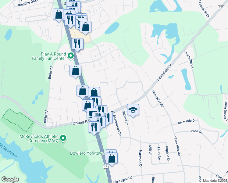 map of restaurants, bars, coffee shops, grocery stores, and more near 100 Edgewood Court in Yorktown