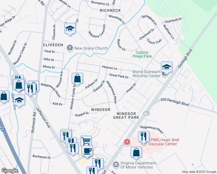 map of restaurants, bars, coffee shops, grocery stores, and more near 51 Magna Carta Drive in Newport News