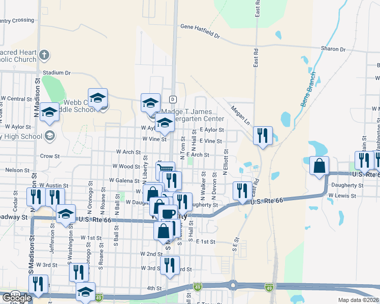 map of restaurants, bars, coffee shops, grocery stores, and more near 602 North Hall Street in Webb City