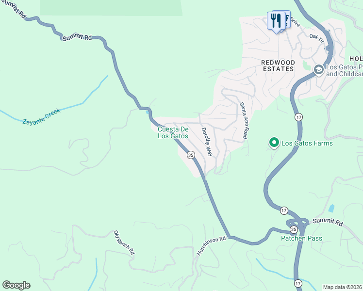 map of restaurants, bars, coffee shops, grocery stores, and more near 21695 Summit Road in Los Gatos
