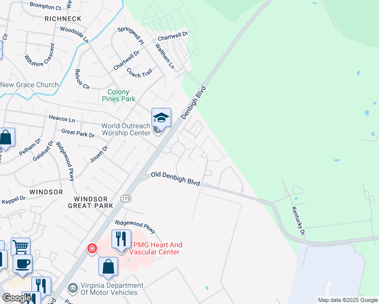 map of restaurants, bars, coffee shops, grocery stores, and more near 1098 Palmerton Dr in Newport News