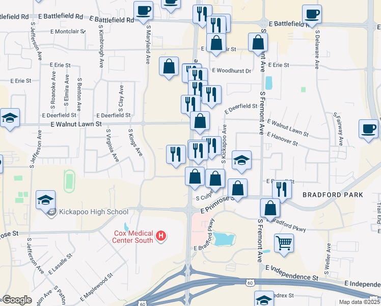 map of restaurants, bars, coffee shops, grocery stores, and more near 3492 South National Avenue in Springfield