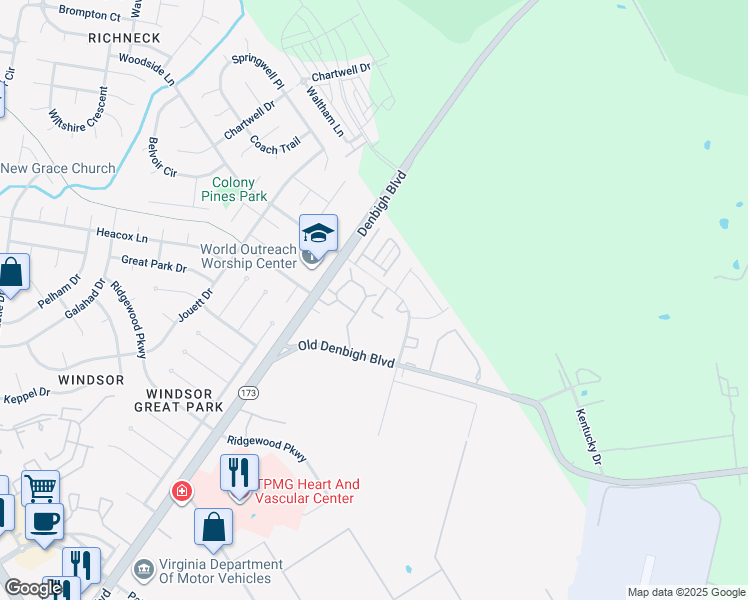 map of restaurants, bars, coffee shops, grocery stores, and more near 1098 Palmerton Dr in Newport News