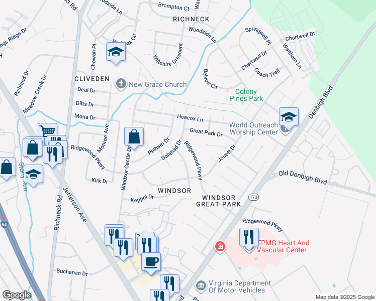 map of restaurants, bars, coffee shops, grocery stores, and more near 51 Magna Carta Drive in Newport News