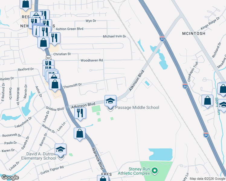 map of restaurants, bars, coffee shops, grocery stores, and more near 560 Candle Lane in Newport News