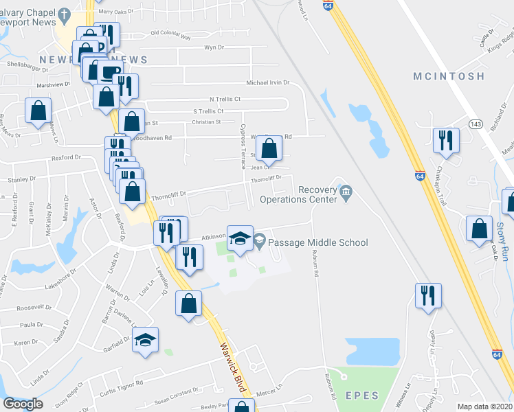 map of restaurants, bars, coffee shops, grocery stores, and more near 560 Candle Lane in Newport News