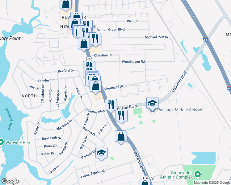 map of restaurants, bars, coffee shops, grocery stores, and more near 404 Cox Landing in Newport News