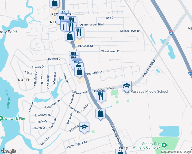 map of restaurants, bars, coffee shops, grocery stores, and more near 404 Cox Landing in Newport News