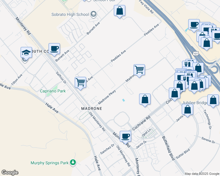 map of restaurants, bars, coffee shops, grocery stores, and more near 19011 Clayton Avenue in Morgan Hill