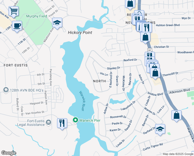 map of restaurants, bars, coffee shops, grocery stores, and more near 13 Cathy Drive in Newport News