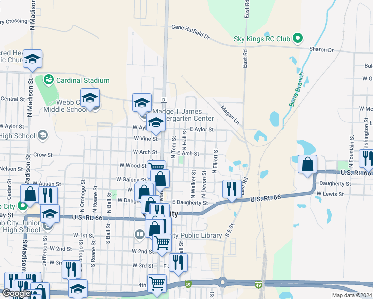 map of restaurants, bars, coffee shops, grocery stores, and more near 605 North Hall Street in Webb City
