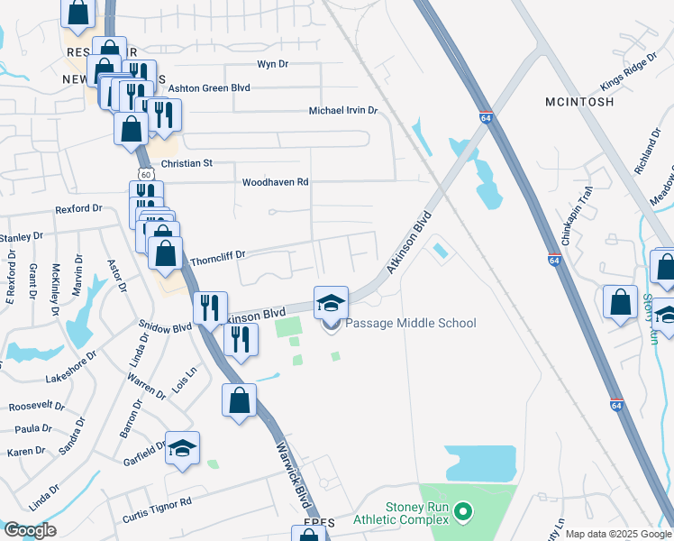 map of restaurants, bars, coffee shops, grocery stores, and more near 539 Pineland Circle in Newport News