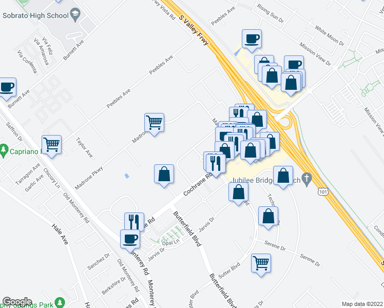 map of restaurants, bars, coffee shops, grocery stores, and more near 18635 Sutter Boulevard in Morgan Hill