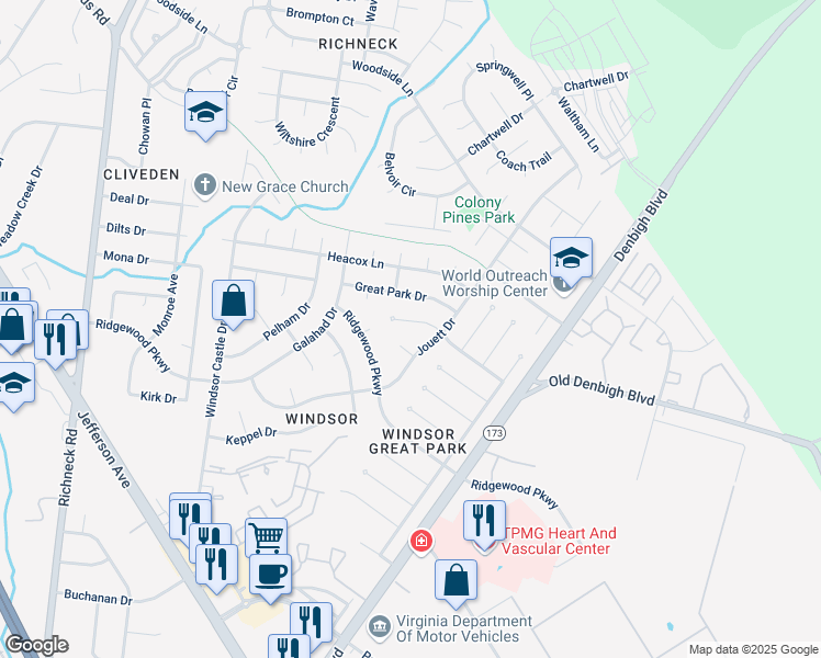 map of restaurants, bars, coffee shops, grocery stores, and more near 42 Ligon Place in Newport News