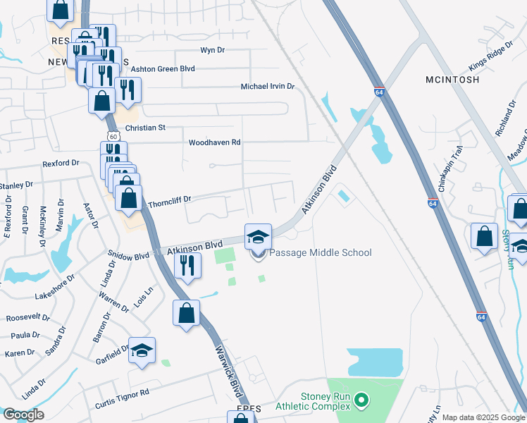 map of restaurants, bars, coffee shops, grocery stores, and more near 539 Pineland Circle in Newport News