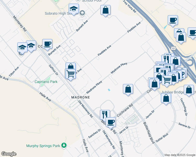 map of restaurants, bars, coffee shops, grocery stores, and more near 19011 Clayton Avenue in Morgan Hill