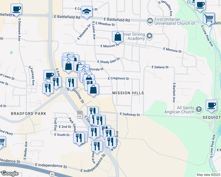 map of restaurants, bars, coffee shops, grocery stores, and more near 3443 South Barnes Avenue in Springfield