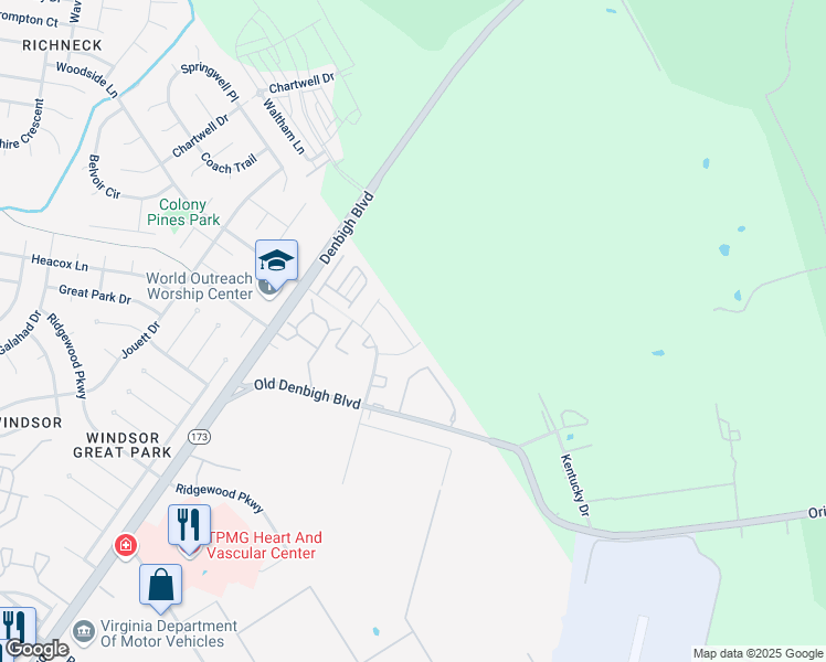 map of restaurants, bars, coffee shops, grocery stores, and more near 44 Betty Lee Place in Newport News