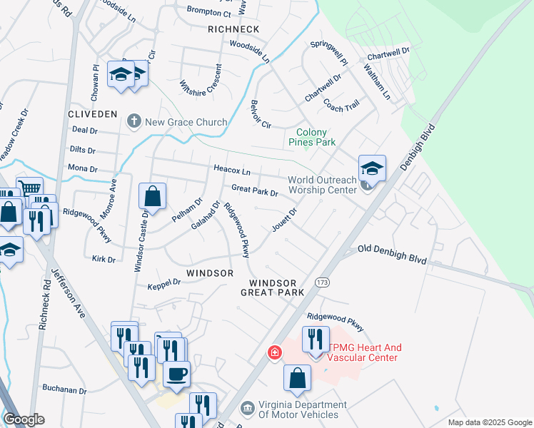 map of restaurants, bars, coffee shops, grocery stores, and more near 42 Ligon Place in Newport News
