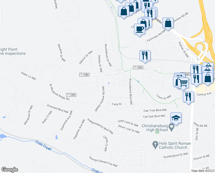 map of restaurants, bars, coffee shops, grocery stores, and more near 685 Tarrytown Road Northwest in Christiansburg