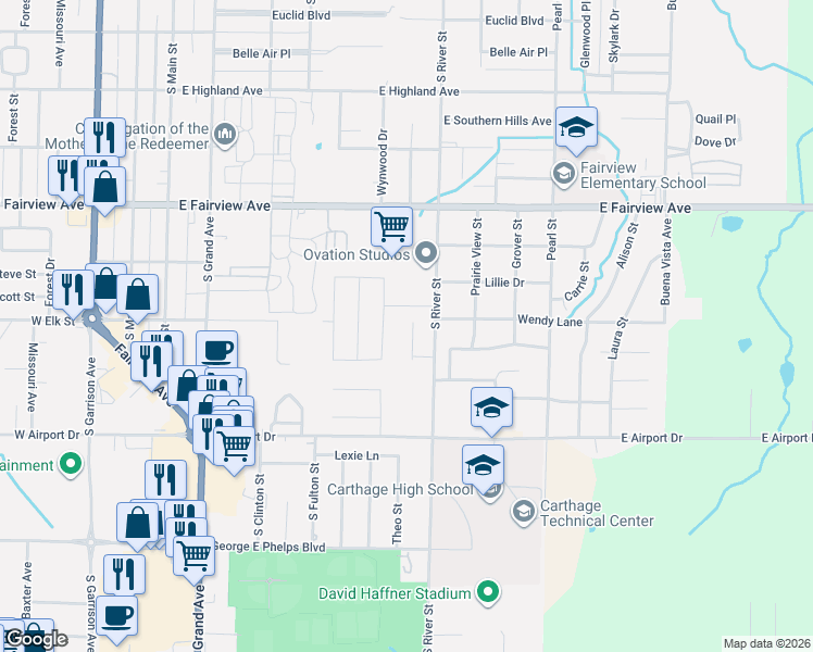 map of restaurants, bars, coffee shops, grocery stores, and more near 2218 Rebekah Street in Carthage