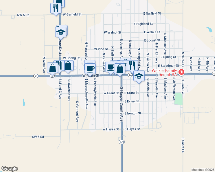 map of restaurants, bars, coffee shops, grocery stores, and more near 221 South Kansas Avenue in Anthony