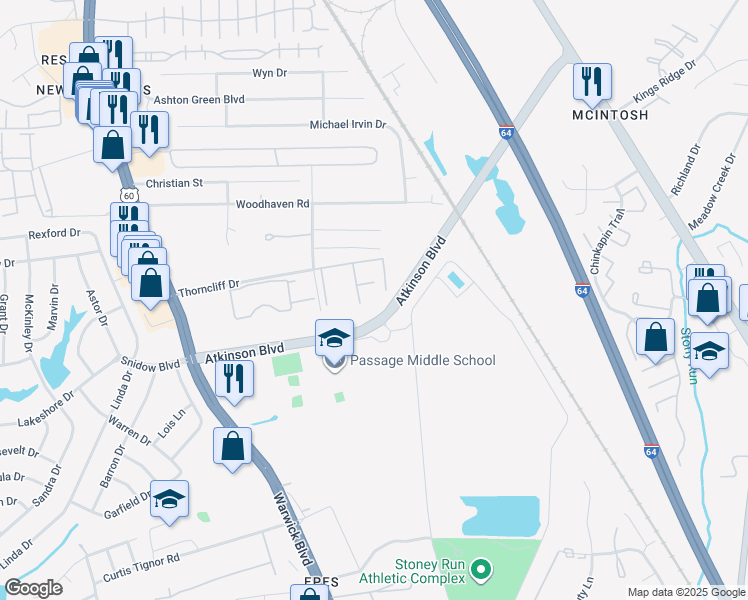 map of restaurants, bars, coffee shops, grocery stores, and more near 540 Pineland Circle in Newport News