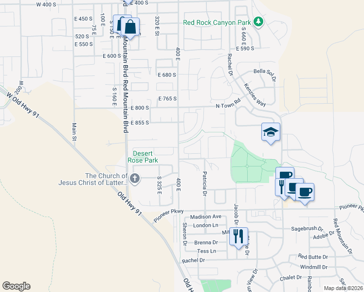 map of restaurants, bars, coffee shops, grocery stores, and more near 382 Desert Gardens Lane in Ivins