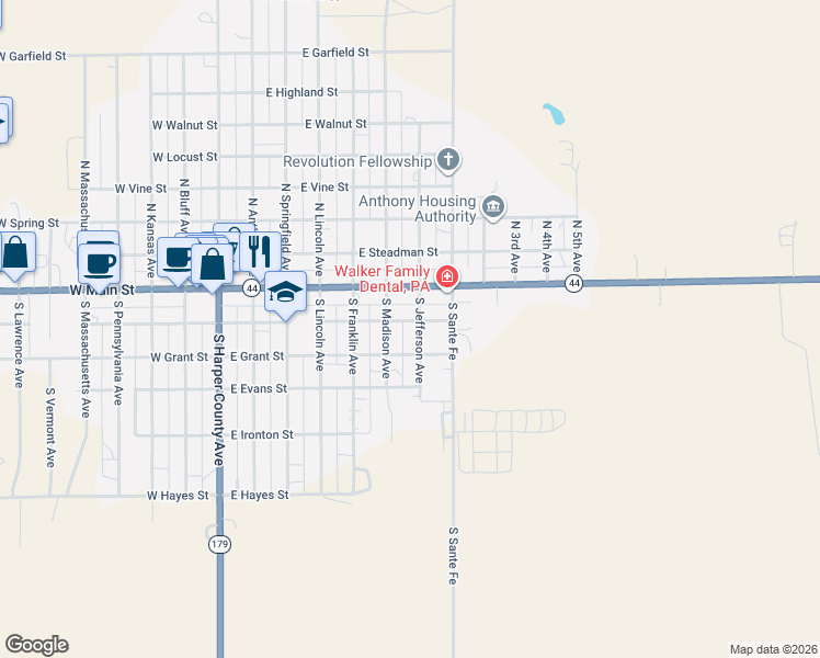 map of restaurants, bars, coffee shops, grocery stores, and more near 200-298 South Jefferson Avenue in Anthony