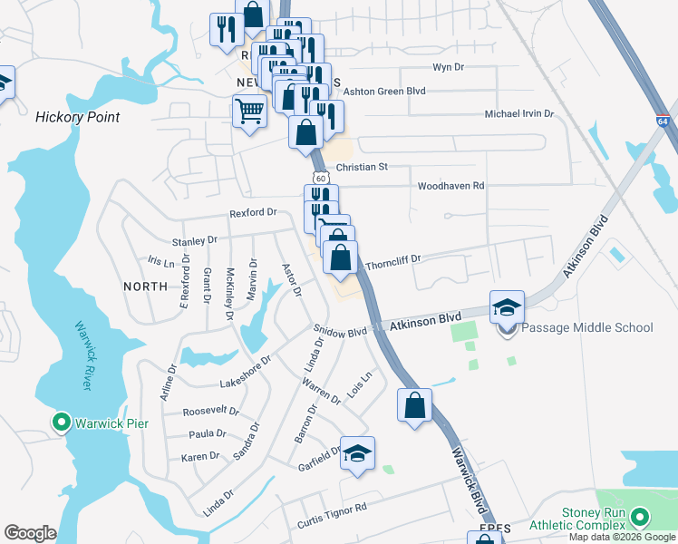 map of restaurants, bars, coffee shops, grocery stores, and more near 15435 Warwick Boulevard in Newport News