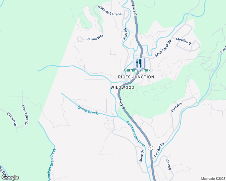 map of restaurants, bars, coffee shops, grocery stores, and more near 184 Lorenzo Lane in Boulder Creek