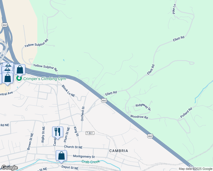 map of restaurants, bars, coffee shops, grocery stores, and more near 1261 Ellett Road in Christiansburg