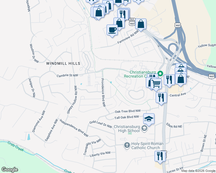 map of restaurants, bars, coffee shops, grocery stores, and more near 1535 Providence Boulevard Northwest in Christiansburg