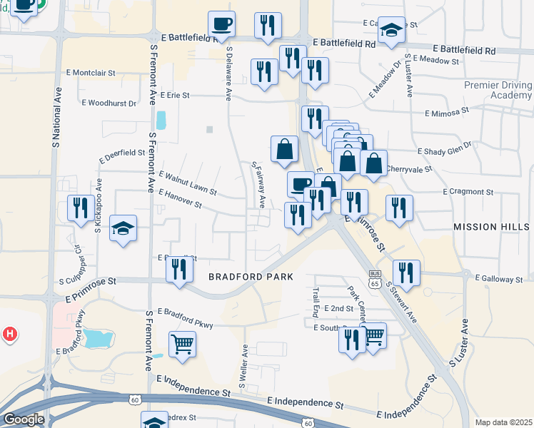 map of restaurants, bars, coffee shops, grocery stores, and more near 3440 South Delaware Avenue in Springfield
