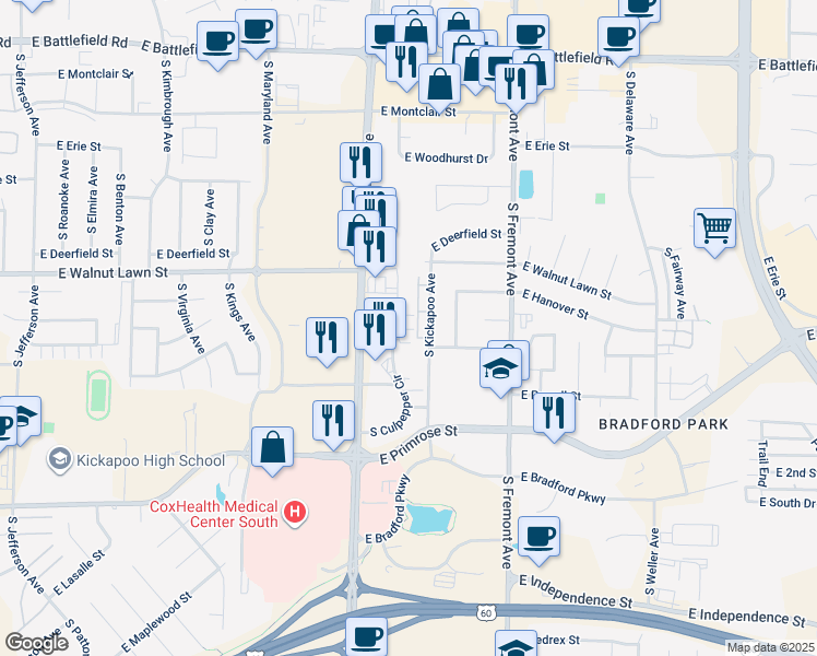 map of restaurants, bars, coffee shops, grocery stores, and more near 3506 S Culpepper Cir in Springfield