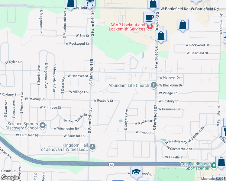 map of restaurants, bars, coffee shops, grocery stores, and more near 2965 West Village Drive in Springfield