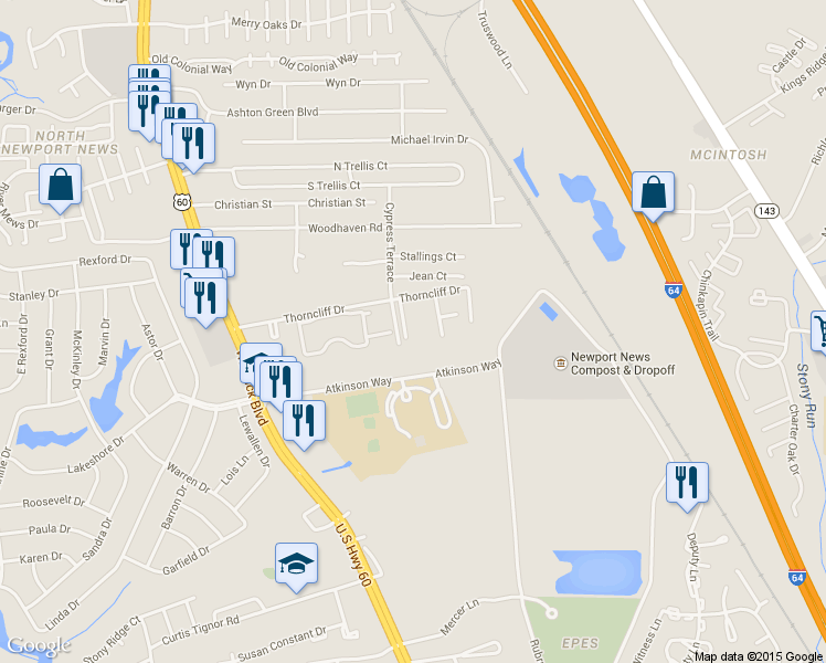 map of restaurants, bars, coffee shops, grocery stores, and more near 564 Candle Lane in Newport News